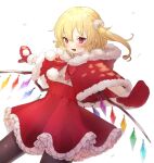 1girl alternate_costume black_legwear blonde_hair blush breath capelet commentary_request cowboy_shot crystal fang flandre_scarlet fur-trimmed_capelet fur-trimmed_hood fur_trim honotai hood hooded_capelet long_hair mittens no_hat no_headwear open_mouth outstretched_arms pantyhose pointy_ears pom_pom_(clothes) red_capelet red_eyes red_skirt shirt side_ponytail skirt smile solo spread_arms touhou white_background white_shirt wings winter_clothes 