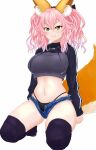  1girl animal_ear_fluff animal_ears bangs black_jacket black_legwear black_panties blush breasts closed_mouth commentary cutoffs denim denim_shorts drawstring eyebrows_visible_through_hair fate/extra fate_(series) fox_ears fox_girl fox_tail full_body hair_between_eyes hair_ribbon highleg highleg_panties highres jacket kneeling large_breasts long_hair long_sleeves looking_at_viewer midriff navel open_clothes open_shorts panties pink_hair ribbon shorts shrug_(clothing) sidelocks simple_background skindentation smile solo sports_bra tail tamamo_(fate)_(all) tamamo_no_mae_(fate) taut_clothes thigh-highs underwear viperxtr white_background yellow_eyes 