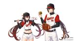  1boy 1girl :q alternate_costume backwards_hat baseball_bat baseball_cap baseball_mitt baseball_uniform belt black_shirt brown_hair closed_mouth cowboy_shot crop_top dm_(nguyen_dm95) genshin_impact gradient_hair hat highres holding hu_tao long_hair long_sleeves looking_at_viewer midriff multicolored_hair navel pants red_eyes shirt short_over_long_sleeves short_shorts short_sleeves shorts simple_background smile sportswear star-shaped_pupils star_(symbol) stomach symbol-shaped_pupils tongue tongue_out twintails undershirt very_long_hair white_background white_pants white_shirt white_shorts zhongli_(genshin_impact) 