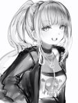  1girl earrings greyscale highres hololive hololive_english hoop_earrings jacket jewelry long_sleeves looking_at_viewer monochrome mori_calliope nanashi_(nlo) necklace open_clothes open_jacket ponytail shirt simple_background smile solo white_background 