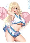  1girl armpits atago_(kancolle) blonde_hair blue_eyes breasts cheering cheerleader cowboy_shot crop_top crop_top_overhang ebifurya highres holding holding_pom_poms kantai_collection long_hair midriff miniskirt navel one_eye_closed open_mouth outstretched_arm pleated_skirt pom_poms shirt skirt sleeveless sleeveless_shirt smile solo twitter_username under_boob white_background 