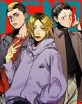  3boys belt black_hair black_shirt blonde_hair brown_eyes fukunaga_shouhei haikyuu!! highres hood hoodie jacket kozume_kenma looking_at_viewer male_focus mohawk multicolored_hair multiple_boys pants red_background red_shirt shirt short_hair simple_background standing tentaro_(miyuuuuu-u) two-tone_hair v yamamoto_taketora 