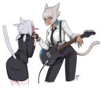  2girls absurdres animal_ears artist_self-insert blood blush breasts cat_ears cat_tail cropped_legs dark_skin dark-skinned_female facial_mark feathers final_fantasy final_fantasy_xiv formal full-face_blush gloves grey_eyes grey_hair guitar hair_feathers highres hjz_(artemi) instrument jewelry looking_at_another medium_breasts miqo&#039;te multiple_girls neck_tattoo necktie nosebleed partially_fingerless_gloves ring shirt short_hair skirt_suit suit suit_jacket tail tattoo whisker_markings white_background white_hair white_shirt y&#039;shtola_rhul 