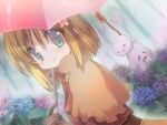  1girl :3 acolyte_(ragnarok_online) bangs blue_eyes blue_flower blush brown_capelet brown_hair brown_shirt closed_mouth commentary_request dutch_angle eyebrows_visible_through_hair flower forest hair_between_eyes hair_flower hair_ornament hizukiryou holding holding_umbrella hydrangea looking_at_viewer looking_to_the_side medium_hair nature pink_flower ragnarok_online rain shirt smile solo teruterubouzu tree umbrella upper_body whisper_(ragnarok_online) 