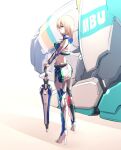  1girl alternate_costume android bandeau blue_eyes commentary cropped_jacket expressionless hair_between_eyes high_heels highres holding holding_umbrella ishiyumi looking_to_the_side mechanical_buddy_universe miniskirt momdroid_(mechanical_buddy_universe) platinum_blonde_hair racequeen robot_parts science_fiction short_hair side_slit skirt solo thigh-highs umbrella 