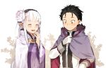  1boy 1girl ^_^ ^o^ absurdres bangs bangsutur black_hair blunt_bangs brown_eyes cape closed_eyes commentary emilia_(re:zero) flower hair_flower hair_ornament hair_slicked_back hand_up highres natsuki_subaru official_alternate_costume re:zero_kara_hajimeru_isekai_seikatsu rose smile white_flower white_hair white_rose x_hair_ornament 