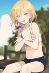  1boy :d bare_arms bench blonde_hair blue_eyes blue_shorts blue_sky collarbone crop_top highres looking_at_viewer male_focus midriff navel open_mouth original otoko_no_ko outdoors shirt short_shorts shorts sitting sky smile solo sunaba_(nczd5875) tied_shirt translation_request tree 