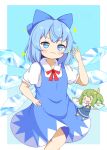  2girls :3 blue_background blue_bow blue_dress blue_eyes blue_hair blush bow chibi cirno crys_(dai) daiyousei dress fairy_wings fang feet_out_of_frame green_hair hair_bow hand_up ice ice_wings looking_at_viewer medium_hair multiple_girls one_side_up simple_background skin_fang smug touhou white_background wings 