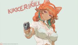  1girl animal_ears blue_background bra breasts cat_ears cutesexyrobutts gun handgun hololive looking_down medium_breasts orange_hair see-through simple_background solo takanashi_kiara underwear violet_eyes weapon 