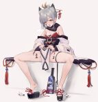  1girl animal_ears armpit_crease azur_lane bare_legs bare_shoulders black_panties blush breasts earrings extra_ears eyebrows_visible_through_hair facial_mark full_body fur_collar grey_hair hair_bun hair_ornament hairpin hanetsuki heavy_breathing highres jewelry looking_down nose_blush off_shoulder official_alternate_costume open_mouth orange_eyes paddle panties pelvic_curtain platform_footwear sitting skindentation small_breasts solo spread_legs suzutsuki_(azur_lane) suzutsuki_(suzutsuki_hanetsuki_adept!)_(azur_lane) sweat tally tassel thigh_strap u_jie underwear visible_air wide_sleeves zouri 