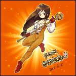  1girl black_hair bodysuit breasts brown_eyes brown_hair choker closed_mouth final_fantasy final_fantasy_ix final_fantasy_record_keeper garnet_til_alexandros_xvii gloves jewelry long_hair looking_at_viewer low-tied_long_hair necklace orange_bodysuit smile solo staff uboar weapon 