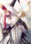  1girl bird_wings dress earrings fate/grand_order fate_(series) feather_boa hat highres holding holding_staff jewelry long_dress long_hair mentaikopan miss_crane_(fate) redhead staff wings witch_hat 