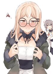  2girls alternate_costume apron blonde_hair blush enmaided girls_frontline glasses grey_hair highres long_hair m200_(girls_frontline) maid maid_apron medium_hair misaki150280 multiple_girls orange_eyes solo_focus type_80_(girls_frontline) 