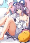  1girl absurdres animal arm_up azur_lane bangs bare_shoulders bird blue_eyes blush chick closed_mouth collared_shirt commentary_request dress_shirt eyebrows_visible_through_hair feet_out_of_frame hand_up highres knees_together_feet_apart knees_up long_hair long_sleeves looking_at_viewer manjuu_(azur_lane) moyoron naked_shirt off_shoulder purple_hair shirt smile solo tashkent_(azur_lane) very_long_hair white_shirt 