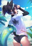  1girl animal_ears ass beach bikini bikini_bottom black_bikini black_hair blue_sky cat_ears cat_tail clothes_writing clouds commentary_request day from_behind hairband hibi_tsuna highres looking_at_viewer multiple_tails ocean original ponytail red_eyes shirt short_hair sky solo swimsuit t-shirt tail thighs white_hairband white_shirt 