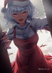  1girl blood blood_on_clothes blood_on_face blue_nails character_request christmas copyright_request eyebrows_visible_through_hair highres open_mouth red_eyes relentless snow virtual_youtuber white_hair yandere 