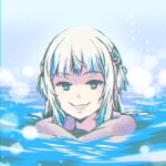  1girl akairiot bangs blue_eyes blue_hair english_commentary gawr_gura hololive hololive_english long_hair looking_at_viewer multicolored_hair parted_lips portrait sharp_teeth smile solo streaked_hair swimming teeth virtual_youtuber water white_hair 