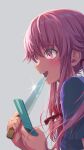  1girl bangs blush bow cellphone commentary_request flip_phone gasai_yuno grey_background hair_bow highres hirose_yuki holding holding_knife knife long_hair looking_afar mirai_nikki open_mouth phone pink_eyes pink_hair red_bow school_uniform simple_background solo upper_body upper_teeth yandere 