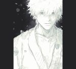  1boy closed_mouth greyscale hair_between_eyes highres looking_at_viewer male_focus monochrome original pillarboxed sankomichi solo upper_body white_hair 