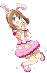  1girl :d animal_ears bangs blush brown_hair choker commentary_request disconnected_mouth dress easter egg eyebrows_visible_through_hair fake_animal_ears full_body hands_up happy holding holding_egg looking_at_viewer may_(pokemon) medium_hair nmemoton open_mouth pink_choker pink_dress pink_footwear pokemon pokemon_(game) pokemon_masters_ex rabbit_ears short_sleeves simple_background smile solo white_background wrist_cuffs 