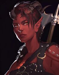  1girl axe baldur&#039;s_gate baldur&#039;s_gate_3 battle_axe black_hair broken_horn colored_skin commentary curled_horns dungeons_&amp;_dragons english_commentary expressionless highres horns karlach medium_hair multicolored_hair orange_eyes pointy_ears red_hair red_skin side_cut signature slit_pupils solo sunriseart3 tiefling two-tone_hair weapon weapon_on_back 