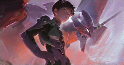  1boy bodysuit brown_hair closed_mouth cowboy_shot crying eva_01 faux_traditional_media from_below from_side hand_on_own_hip hashtag-only_commentary highres ikari_shinji interface_headset_(evangelion) looking_at_viewer looking_to_the_side mecha mecha_pilot_suit neon_genesis_evangelion painterly plugsuit_(evangelion) purple_bodysuit robot short_hair size_difference standing whitehogiii 