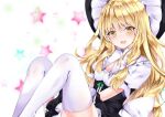 1girl :d black_headwear blonde_hair blurry blurry_background bow braid eyebrows_visible_through_hair fang hat kirisame_marisa looking_at_viewer nanase_nao open_mouth short_sleeves side_braid single_braid smile solo star_(symbol) starry_background thigh-highs touhou white_background white_bow white_legwear witch_hat yellow_eyes 