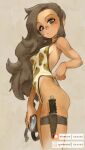  1girl adjusting_clothes adjusting_swimsuit beige_background blue_eyes breasts brown_hair camouflage dark_skin dark-skinned_female english_commentary from_side goggles gumroad_username hair_over_shoulder highres holding holding_goggles holster holstered_weapon knife long_hair looking_down one-piece_swimsuit original patreon_username pinup_(style) reward_available sideboob skindentation small_breasts solo swimsuit thigh_holster thighs xavier_houssin 