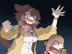  1girl :d absurdres animal_ears blush braid brown_eyes brown_hair clenched_hand cocomayo29_(tomato) collar commentary_request constricted_pupils dark_background dog_ears dog_girl dog_tail dress hair_between_eyes highres hololive inugami_korone inugami_korone_(1st_costume) jacket korean_commentary listener_(inugami_korone) long_sleeves red_collar red_wrist_cuffs sharp_teeth smile tail teeth twin_braids virtual_youtuber white_dress wrist_cuffs yellow_jacket 