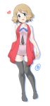  1girl absurdres bangs bare_arms black_legwear blue_eyes blue_ribbon blush breasts commentary_request full_body heart highres knees knees_together light_brown_hair looking_at_viewer neck_ribbon open_mouth pokemon pokemon_(anime) pokemon_xy_(anime) ribbon serena_(pokemon) shiny shiny_hair short_hair simple_background sleeveless sleeveless_duster smile solo tax2rin thigh-highs white_background 