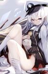  &gt;_&lt; 1girl animal_on_lap arm_support artist_name azur_lane bangs bird bird_on_lap character_print chick collared_shirt commentary_request dress_shirt eyebrows_visible_through_hair feet_out_of_frame hair_between_eyes hat highres little_enterprise_(azur_lane) long_hair long_sleeves looking_at_viewer manjuu_(azur_lane) nekoya_(liu) no_panties overall_skirt parted_lips peaked_cap petting shirt sitting socks solo very_long_hair violet_eyes white_hair white_headwear white_legwear white_shirt 