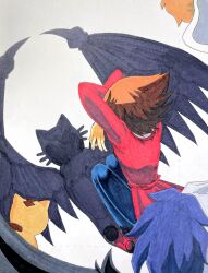  1boy angel_wings blue_hair brown_hair cat cat_shadow_puppet_(meme) crossed_arms demon_wings duel_academy_uniform_(yu-gi-oh!_gx) duel_monster highres jacket meme multicolored_hair pharaoh_(cat) red_jacket ruka_(ruka35480347) shadow shoes sneakers squatting white_hair winged_kuriboh wings yu-gi-oh! yu-gi-oh!_gx yubel yuki_judai 