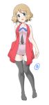 1girl absurdres bangs bare_arms black_legwear blue_eyes blue_ribbon blush breasts commentary_request full_body highres knees knees_together light_brown_hair looking_at_viewer neck_ribbon open_mouth pokemon pokemon_(anime) pokemon_xy_(anime) ribbon serena_(pokemon) shiny shiny_hair short_hair simple_background sleeveless sleeveless_duster smile solo tax2rin thigh-highs white_background 