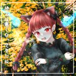  1girl animal_ears black_bow bow braid cat_ears crossed_arms d: dress extra_ears fangs fire green_dress hair_bow kaenbyou_rin kyabekko long_sleeves looking_at_viewer no_tail open_mouth orange_background red_eyes redhead skull solo touhou twin_braids 