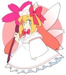  1girl bangs blonde_hair bow bowtie capelet cropped_legs dress fairy fairy_wings flower frilled_dress frills hat hat_bow holding holding_flower ini_(inunabe00) lily_white long_dress long_hair red_bow red_neckwear sidelocks sleeves_past_wrists solo touhou white_dress wide_sleeveas wings 