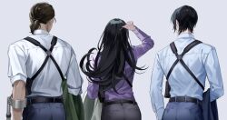  1girl 2boys alternate_hairstyle back belt black_hair cane collared_shirt facial_hair holding jacket long_sleeves meitantei_conan morofushi_takaaki multiple_boys okayu_idol pants ponytail shirt short_hair simple_background suit uehara_yui unworn_clothes white_shirt yamato_kansuke 