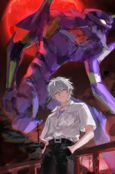  1boy absurdres against_railing belt belt_buckle black_belt black_pants buckle closed_mouth collared_shirt commentary_request crew_neck eva_01 full_moon hair_between_eyes hand_in_pocket highres looking_at_viewer male_focus mecha moon nagisa_kaworu neon_genesis_evangelion open_collar pants piyathida_24 purple_shirt railing red_eyes red_moon robot shirt shirt_tucked_in short_sleeves signature smile solo thai_commentary unfinished utility_pole white_hair white_shirt wing_collar 