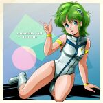  1980s_(style) 1girl arm_support arm_up armlet armpits blue_eyes boots bracelet breasts copyright_name green_hair hair_ornament highres index_finger_raised jewelry leotard muteki_shoujo_rami muteki_shoujo_rummy no_legwear open_mouth retro_artstyle rummy_(muteki_shoujo_rummy) short_hair sitting small_breasts smile solo thighs white_footwear white_leotard 