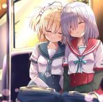  2girls ayano_rika bag blonde_hair blush closed_eyes closed_mouth isuzu_ren long_sleeves magia_record:_mahou_shoujo_madoka_magica_gaiden mahou_shoujo_madoka_magica multiple_girls parted_lips rikopin school_bag school_uniform short_hair silver_hair sitting sleeping sleeping_upright smile train_interior twintails 