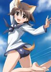  1girl absurdres animal_ears ass barefoot blush breasts brown_eyes brown_hair clouds condensation_trail dog_ears dog_tail dress eyebrows_visible_through_hair feet highres looking_at_viewer miyafuji_yoshika open_mouth sailor_dress shiny shiny_hair short_hair sky small_breasts smile solo strike_witches swimsuit swimwear tail tokiani world_witches_series 