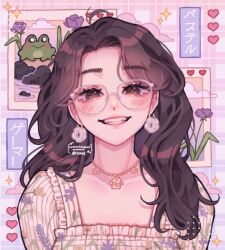  1girl aegyo_sal bead_choker beads black_eyes black_hair choker clouds commentary commission curtained_hair earrings english_commentary floral_print_shirt flower frilled_shirt frills frog glasses gradient_background grin hair_over_shoulder heart heart-shaped_pupils ijiinie jewelry lips parted_hair pink_background pink_pupils portrait purple_background purple_flower purple_rose real_life real_life_insert ribbed_shirt rose shirt simple_background smile solo sparkle straight-on symbol-shaped_pupils white-framed_eyewear white_shirt 
