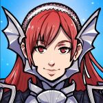  1girl akairiot blue_background cherche_(fire_emblem) commission eyebrows_visible_through_hair fire_emblem fire_emblem_awakening long_hair looking_at_viewer portrait red_eyes redhead shadow smile solo 