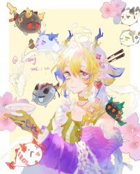  1girl annotated arknights bare_shoulders blonde_hair blue_eyes blue_hair border chinese_commentary choker chongyue_(arknights) closed_mouth collarbone colored_extremities commentary_request dated dragon_bubble_(arknights) dragon_girl dragon_horns drink dusk_(arknights) earrings flower frills fruit_earrings hair_between_eyes hair_intakes highres holding holding_drink horns jewelry jintiandetingyufanchelema ling_(arknights) long_hair looking_at_viewer multicolored_hair nian_(arknights) off_shoulder official_alternate_costume outside_border pink_flower pointy_ears shu_(arknights) shu_(spring_feast)_(arknights) smile solo upper_body wang_(arknights) white_border white_hair yellow_background yellow_choker yu_(arknights) 