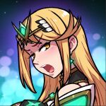  1girl akairiot blonde_hair blush commission earrings from_side glowing jewelry long_hair mythra_(xenoblade) open_mouth portrait smile solo xenoblade_chronicles_(series) xenoblade_chronicles_2 