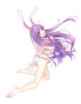  1girl absurdres animal_ears ass back bangs bare_back bare_shoulders barefoot bikini breasts commentary_request diving_penguin facing_away feet frilled_bikini frills from_behind highres legs long_hair looking_at_viewer looking_back open_mouth purple_hair rabbit_ears reisen_udongein_inaba simple_background solo swimsuit thighs touhou very_long_hair violet_eyes white_background white_bikini white_swimsuit 
