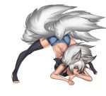  absurdres ainemswork_(artist) animal_ears barefoot breasts denim denim_shorts fox_ears fox_tail highres jack-o&#039;_challenge kitsune large_breasts long_hair looking_at_viewer mithra_tsukiaki_(vtuber) multiple_tails non-web_source original scar scar_on_back shorts tail thigh-highs toeless_legwear virtual_youtuber 