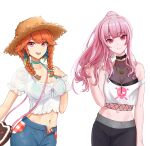  2girls absurdres bare_shoulders breasts crop_top cutoffs denim denim_shorts earrings eyebrows_visible_through_hair feather_earrings feathers hat highres hololive hololive_english jewelry looking_at_viewer matmaj midriff mori_calliope multiple_girls navel official_alternate_costume open_fly see-through shorts straw_hat takanashi_kiara tank_top unzipped virtual_youtuber 