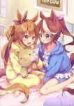  2girls :d :o animal_ears bangs barefoot blue_eyes blue_jacket blush bow brown_eyes brown_hair brown_ribbon cellphone collarbone commentary_request ear_ribbon ech eyebrows_visible_through_hair frilled_pillow frills hair_between_eyes hair_ribbon heart heart_pillow high_ponytail highres holding holding_phone hood hood_down hooded_jacket horse_ears horse_girl horse_tail indoors jacket long_hair long_sleeves mayano_top_gun_(umamusume) multicolored_hair multiple_girls object_hug on_bed open_clothes open_jacket open_mouth orange_eyes orange_hair pajamas parted_lips phone picture_(object) pillow pink_ribbon ponytail ribbon signature sitting smartphone smile streaked_hair stuffed_animal stuffed_toy tail teddy_bear tokai_teio_(umamusume) twintails two-tone_hair two_side_up umamusume very_long_hair wariza white_bow white_hair yellow_pajamas yokozuwari 