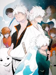  1girl 6+boys aged_down black_hair blue_eyes bokken brown_hair bun_cover china_dress chinese_clothes commentary_request dog dress english_commentary gintama glasses green_kimono grey_kimono hadanugi_dousa highres japanese_clothes kagura_(gintama) katsura_kotarou kimono messy_hair multiple_boys official_alternate_costume open_clothes open_kimono orange_hair popped_collar red_eyes sadaharu sakamoto_tatsuma sakata_gintoki shimura_shinpachi sleeveless sleeveless_dress sword takasugi_shinsuke time_paradox weapon white_hair white_kimono wooden_sword ykefmi yoshida_shouyou 