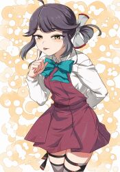  1girl :p ahoge aqua_bow aqua_bowtie black_hair blue_bow blue_bowtie blush bow bowtie cowboy_shot dress grey_hair grey_thighhighs hayanami_(kancolle) highres kanmiya_shinobu kantai_collection long_sleeves looking_at_viewer open_mouth pleated_dress purple_dress purple_vest ribbon school_uniform seamed_legwear shirt short_hair side_ponytail smile solo thigh-highs tongue tongue_out vest white_ribbon white_shirt yellow_background 